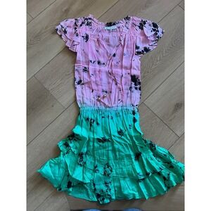 Karina Grimaldi Dress XS Pink Green Tie Dye Ruffle Mini‎ Short Sleeve